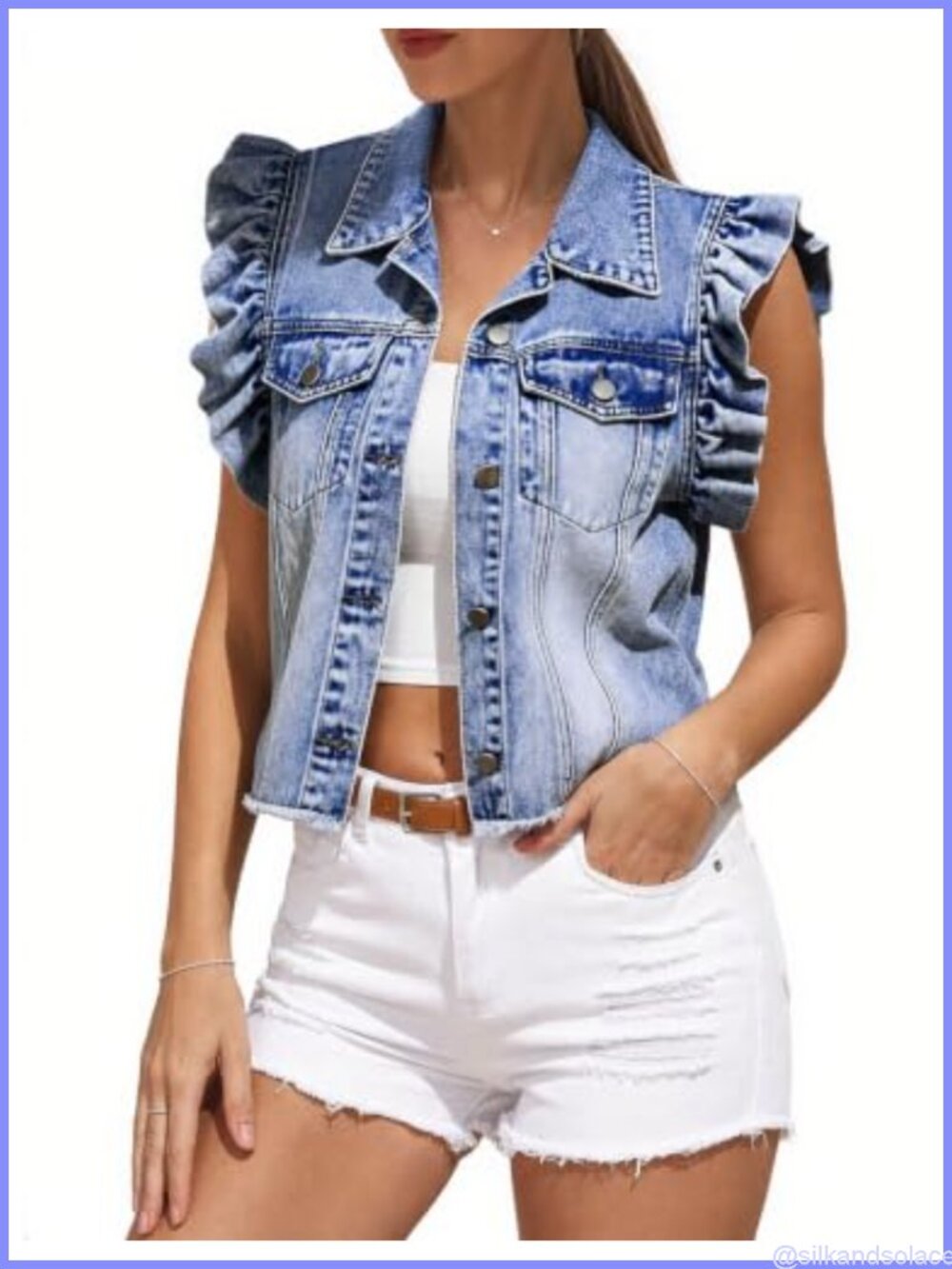 Ruffle Sleeve Denim Vest Women's Button-Up Jean Jacket